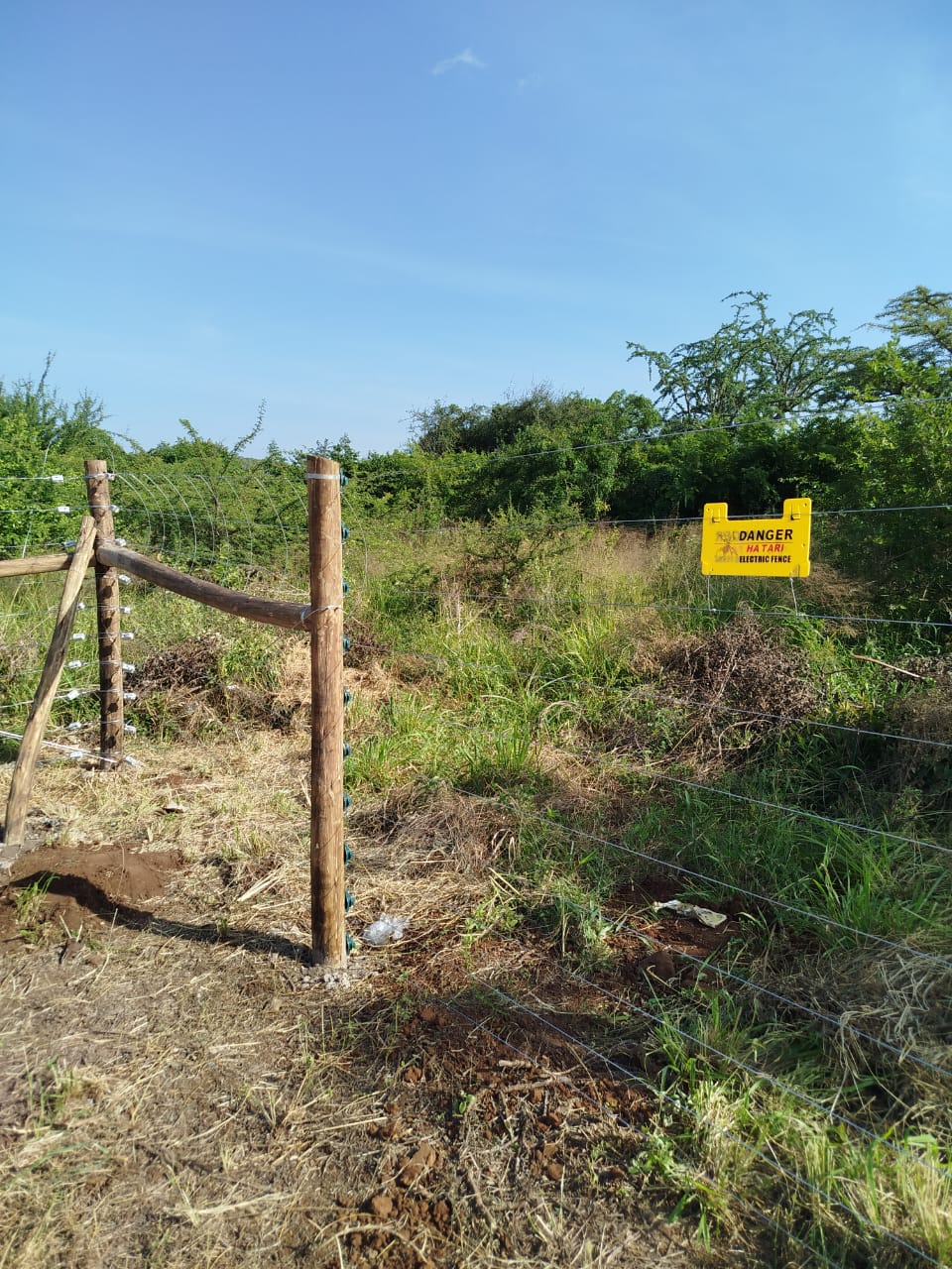 Legally required electric fence danger warning sign mounted on a perimeter wall