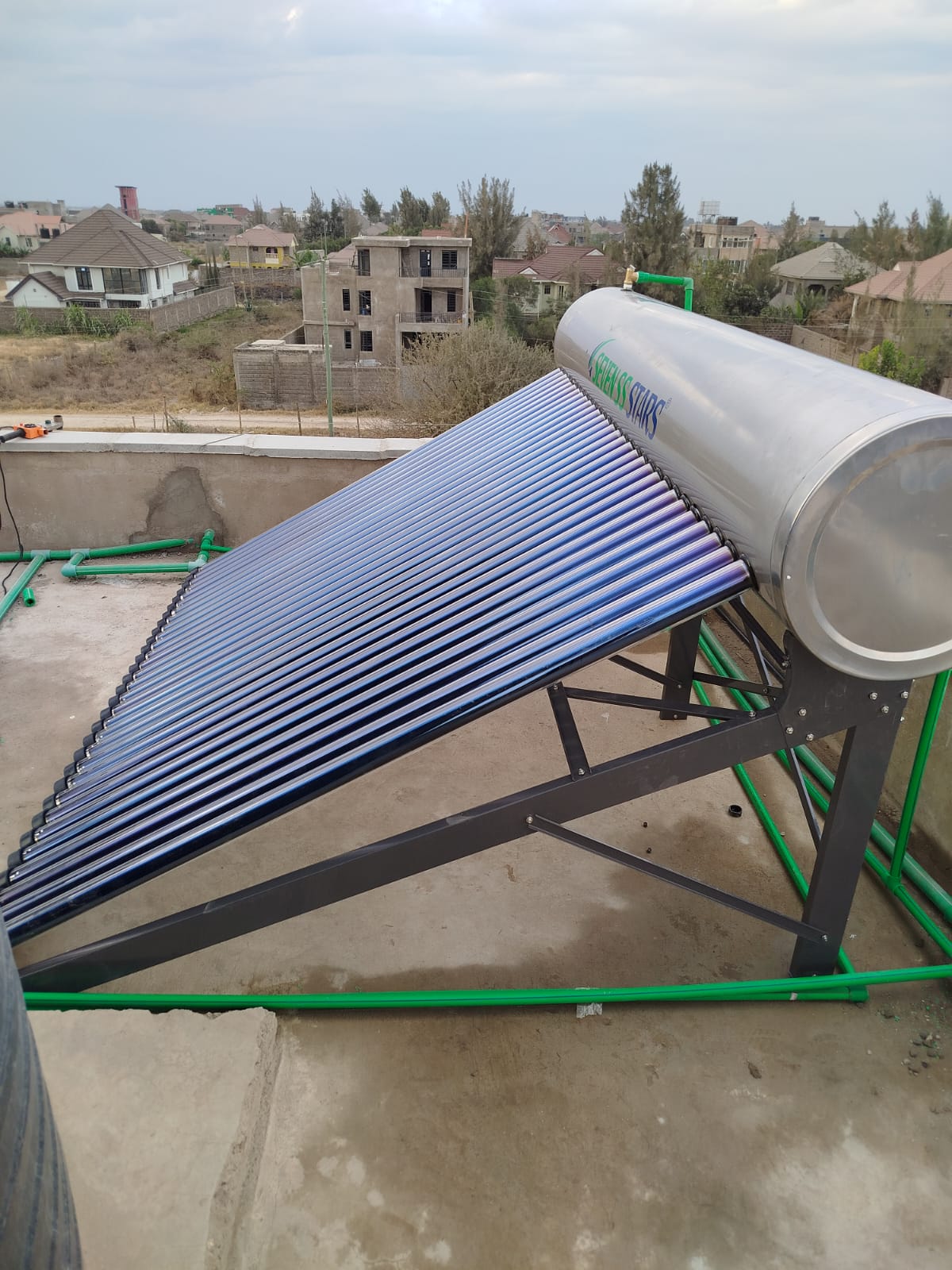 Solar water heater system on a Nairobi rooftop