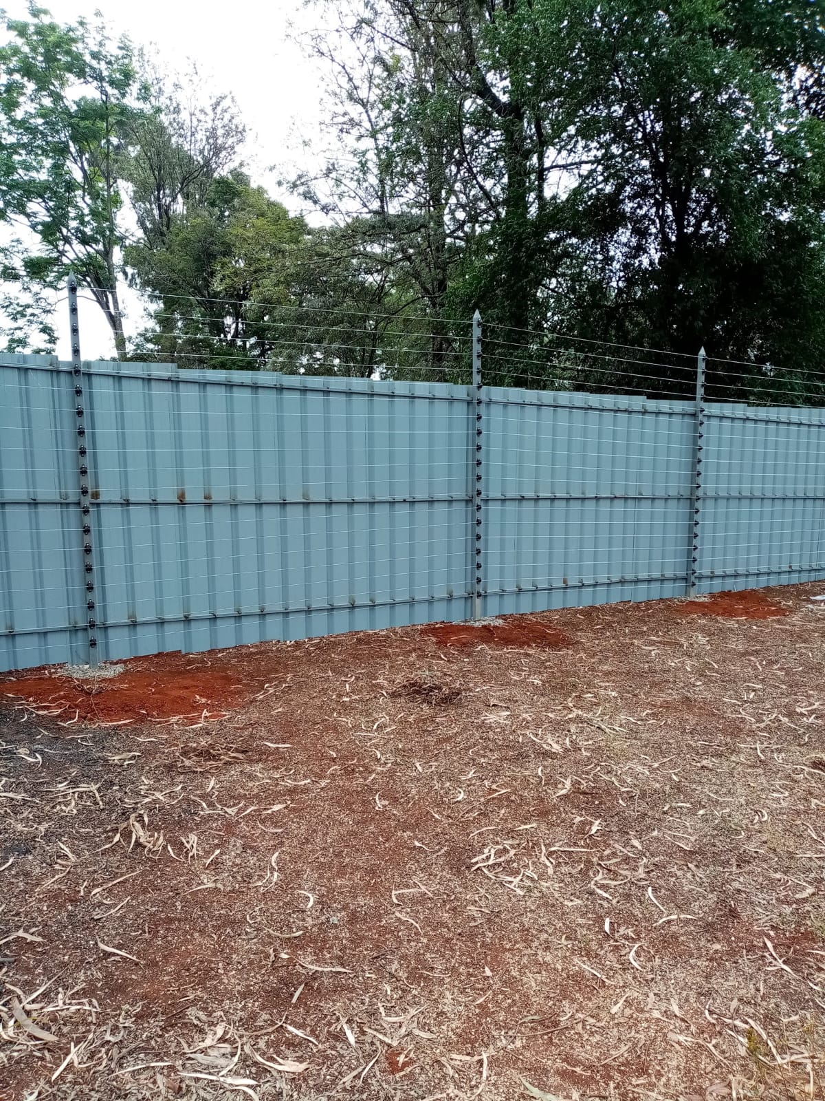 Close-up of electric fence angle brackets and wire terminations on wall-top posts in Karen