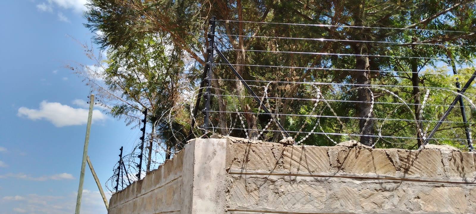 Finished electric fence wire strands and razor wire coils along a boundary wall in Nanyuki, mature trees behind
